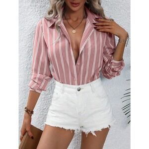 Preppy minimalist Striped Print long sleeve Button up Shirt white pink